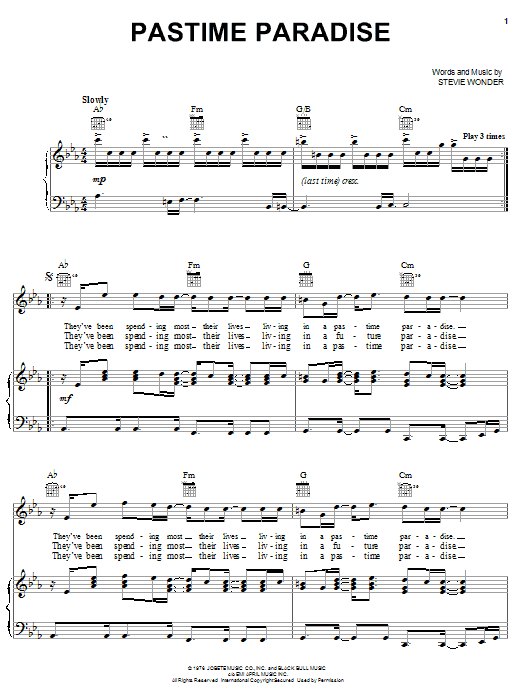 Learn to play Stevie Wonder Pastime Paradise sheet music for Piano, Vocal & Guitar Chords (Right-Hand Melody) in minutes. Price: 7.8900$ Stevie Wonder Pastime Paradise sheet music notes and chords arranged for Piano, Vocal & Guitar Chords (Right-Hand Melody)