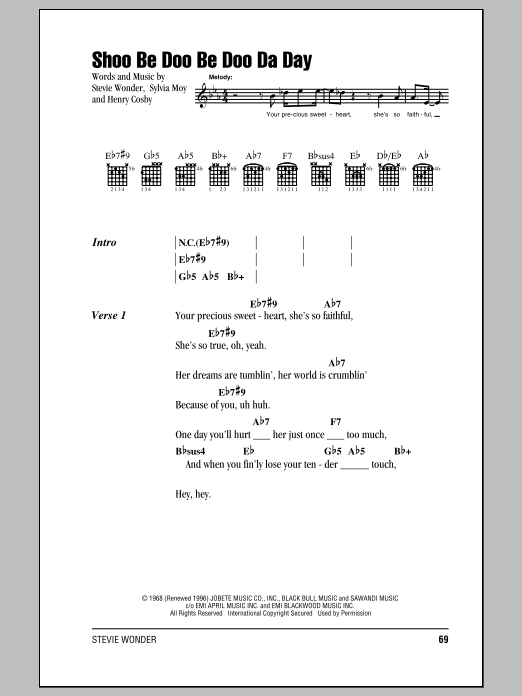 Stevie Wonder Shoo Be Doo Be Doo Da Day sheet music notes and chords. Download Printable PDF.