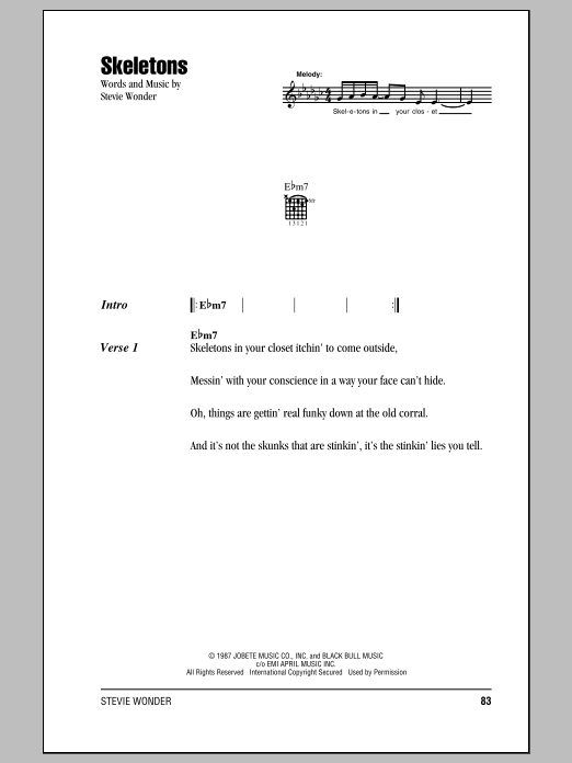 Stevie Wonder Skeletons sheet music notes and chords. Download Printable PDF.