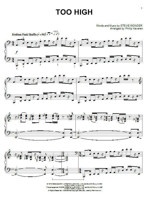 Stevie Wonder Too High sheet music notes and chords arranged for Piano Solo