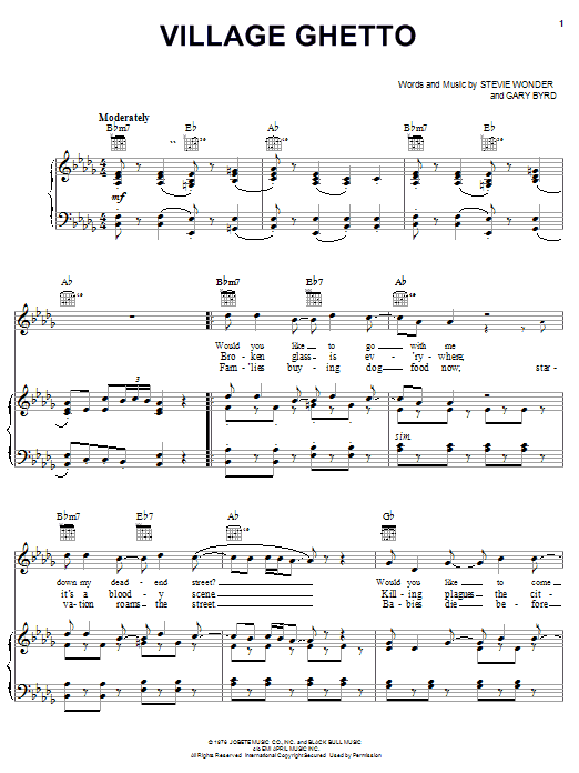 Learn to play Stevie Wonder Village Ghetto sheet music for Piano, Vocal & Guitar Chords (Right-Hand Melody) in minutes. Price: 7.8900$ Stevie Wonder Village Ghetto sheet music notes and chords arranged for Piano, Vocal & Guitar Chords (Right-Hand Melody)
