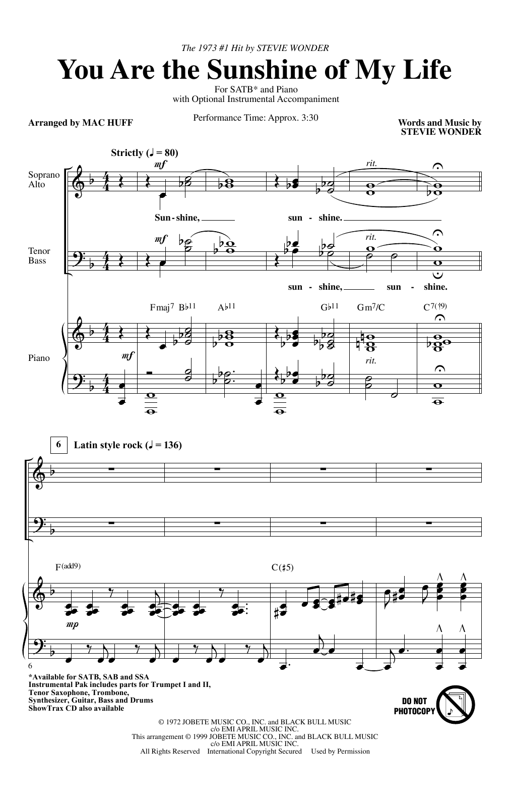 Stevie Wonder You Are The Sunshine Of My Life (arr. Mac Huff) sheet music notes and chords arranged for SATB Choir