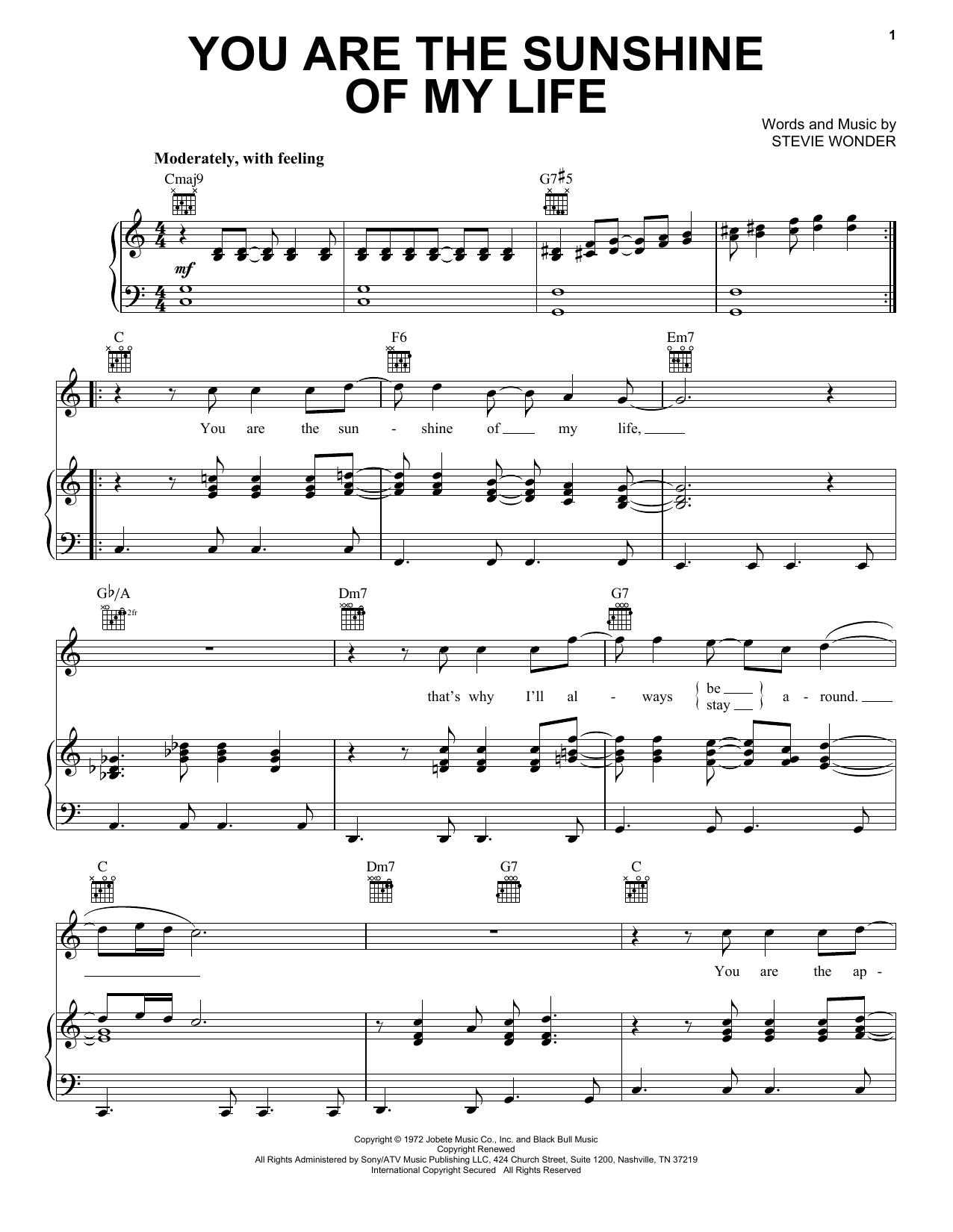 Stevie Wonder You Are The Sunshine Of My Life sheet music notes and chords. Download Printable PDF.