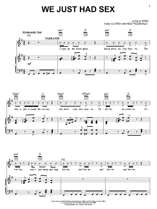 Learn to play Stew We Just Had Sex sheet music for Piano, Vocal & Guitar Chords (Right-Hand Melody) in minutes. Price: 7.8900$ Stew We Just Had Sex sheet music notes and chords arranged for Piano, Vocal & Guitar Chords (Right-Hand Melody)