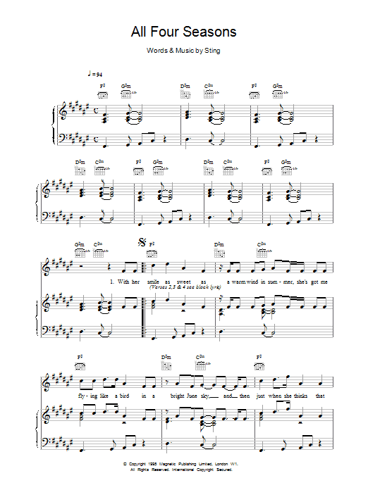 Sting All Four Seasons sheet music notes and chords. Download Printable PDF.