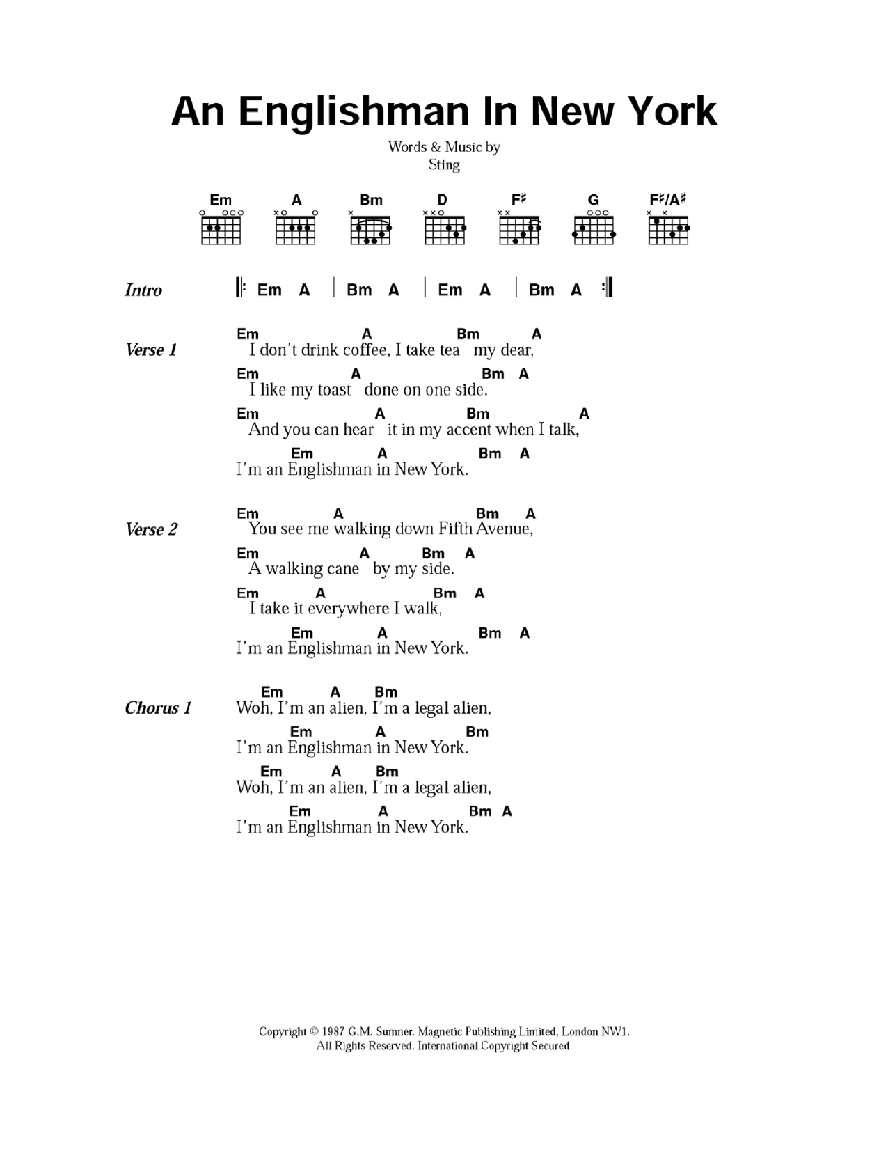 Sting An Englishman In New York sheet music notes and chords. Download Printable PDF.