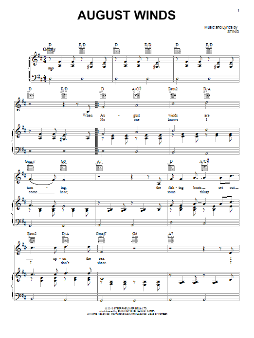 Sting August Winds sheet music notes and chords. Download Printable PDF.