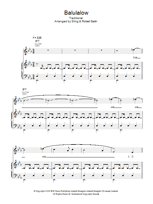 Sting Balulalow sheet music notes and chords arranged for Piano, Vocal & Guitar Chords