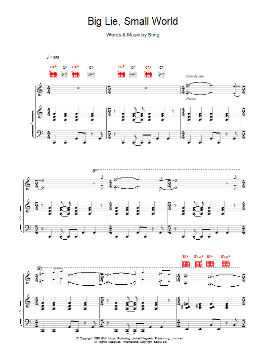 Sting Big Lie Small World sheet music notes and chords arranged for Piano, Vocal & Guitar Chords