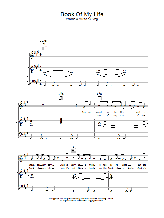 Learn to play Sting Book Of My Life sheet music for Lead Sheet / Fake Book in minutes. Price: 5.9900$ Sting Book Of My Life sheet music notes and chords arranged for Lead Sheet / Fake Book