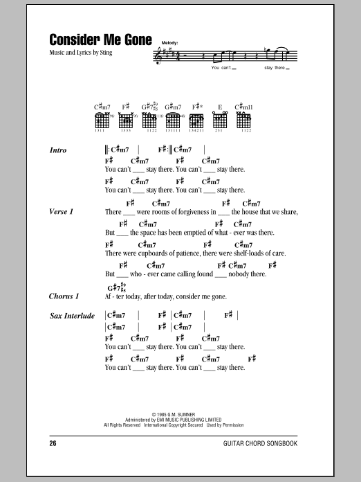 Sting Consider Me Gone sheet music notes and chords. Download Printable PDF.