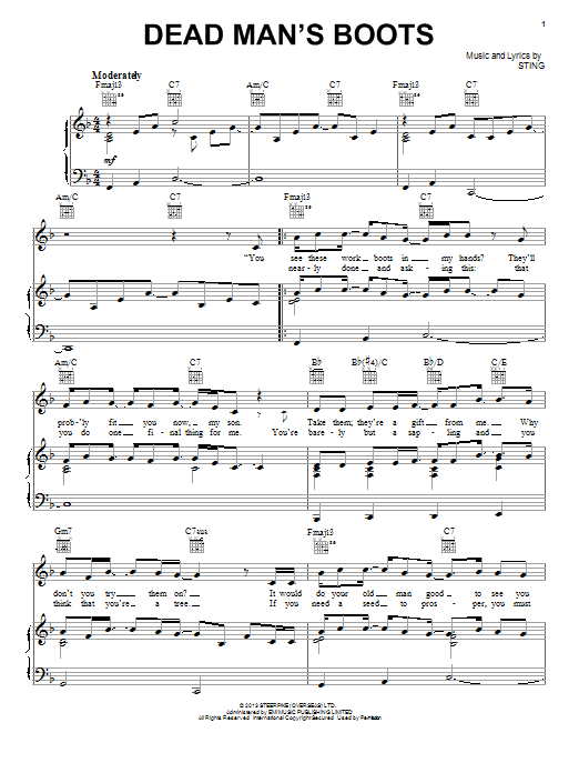 Learn to play Sting Dead Man's Boots sheet music for Piano, Vocal & Guitar Chords (Right-Hand Melody) in minutes. Price: 7.8900$ Sting Dead Man's Boots sheet music notes and chords arranged for Piano, Vocal & Guitar Chords (Right-Hand Melody)