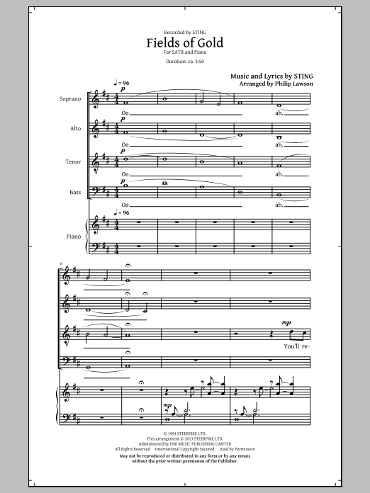 Sting Fields Of Gold (arr. Philip Lawson) sheet music notes and chords arranged for SATB Choir