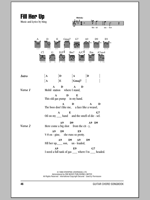 Sting Fill Her Up sheet music notes and chords arranged for Piano, Vocal & Guitar Chords