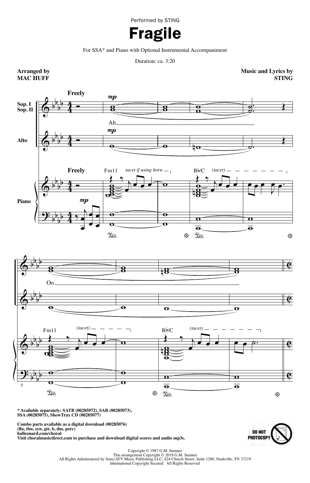 Sting Fragile (arr. Mac Huff) sheet music notes and chords. Download Printable PDF.