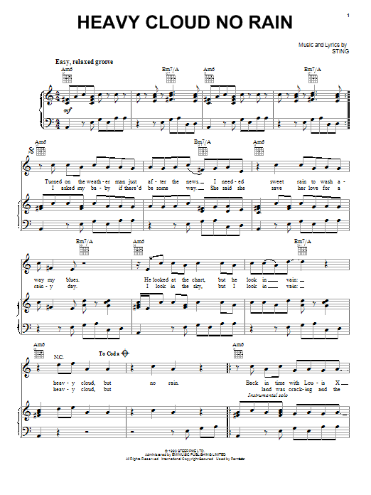 Learn to play Sting Heavy Cloud No Rain sheet music for Piano, Vocal & Guitar Chords (Right-Hand Melody) in minutes. Price: 7.8900$ Sting Heavy Cloud No Rain sheet music notes and chords arranged for Piano, Vocal & Guitar Chords (Right-Hand Melody)