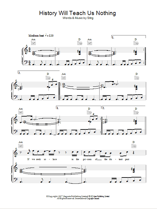 Sting History Will Teach Us Nothing sheet music notes and chords arranged for Piano, Vocal & Guitar Chords