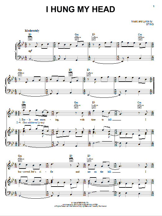 Learn to play Sting I Hung My Head sheet music for Piano, Vocal & Guitar Chords in minutes. Price: 7.8900$ Sting I Hung My Head sheet music notes and chords arranged for Piano, Vocal & Guitar Chords