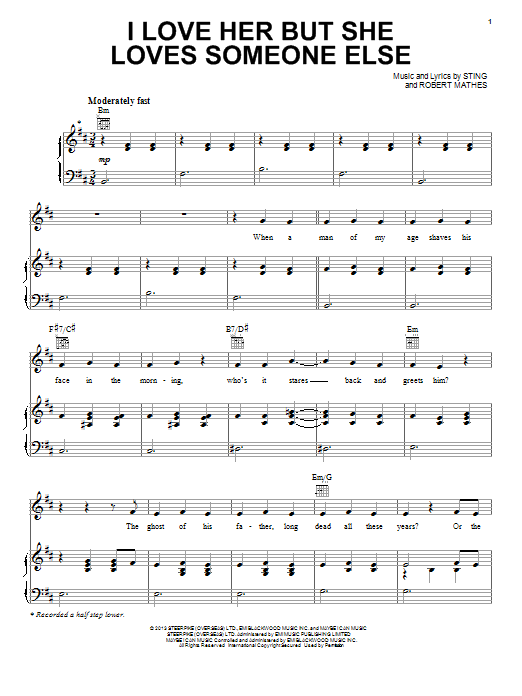 Sting I Love Her But She Loves Someone Else sheet music notes and chords arranged for Piano, Vocal & Guitar Chords (Right-Hand Melody)