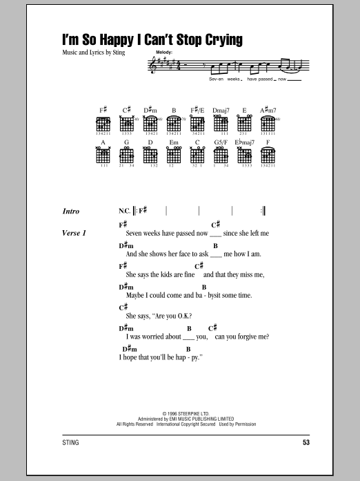 Sting I'm So Happy I Can't Stop Crying sheet music notes and chords. Download Printable PDF.