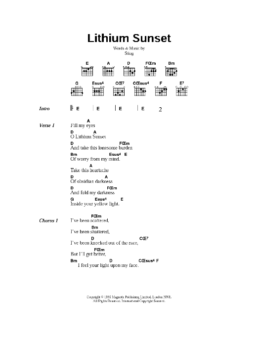 Sting Lithium Sunset sheet music notes and chords. Download Printable PDF.