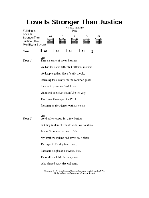 Sting Love Is Stronger Than Justice (The Munificent Seven) sheet music notes and chords. Download Printable PDF.