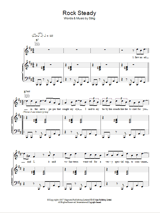 Sting Rock Steady sheet music notes and chords arranged for Piano, Vocal & Guitar Chords