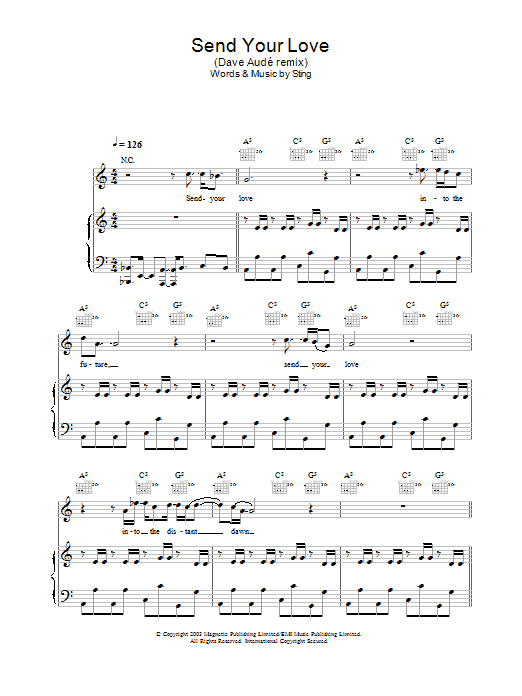 Sting Send Your Love (Dave Aude Remix) sheet music notes and chords arranged for Piano, Vocal & Guitar Chords