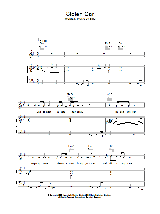 Learn to play Sting Stolen Car sheet music for Piano, Vocal & Guitar Chords in minutes. Price: 7.8900$ Sting Stolen Car sheet music notes and chords arranged for Piano, Vocal & Guitar Chords