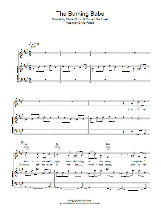 Learn to play Sting The Burning Babe sheet music for Piano, Vocal & Guitar Chords in minutes. Price: 7.8900$ Sting The Burning Babe sheet music notes and chords arranged for Piano, Vocal & Guitar Chords