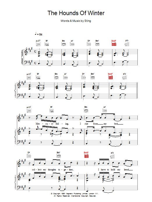 Sting The Hounds Of Winter sheet music notes and chords arranged for Piano, Vocal & Guitar Chords