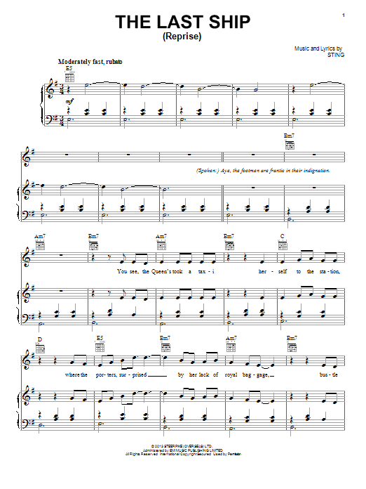 Learn to play Sting The Last Ship (Reprise) sheet music for Piano, Vocal & Guitar Chords (Right-Hand Melody) in minutes. Price: 7.8900$ Sting The Last Ship (Reprise) sheet music notes and chords arranged for Piano, Vocal & Guitar Chords (Right-Hand Melody)