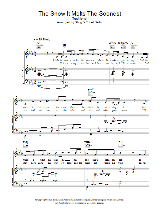 Learn to play Sting The Snow It Melts The Soonest sheet music for Piano, Vocal & Guitar Chords in minutes. Price: 7.8900$ Sting The Snow It Melts The Soonest sheet music notes and chords arranged for Piano, Vocal & Guitar Chords