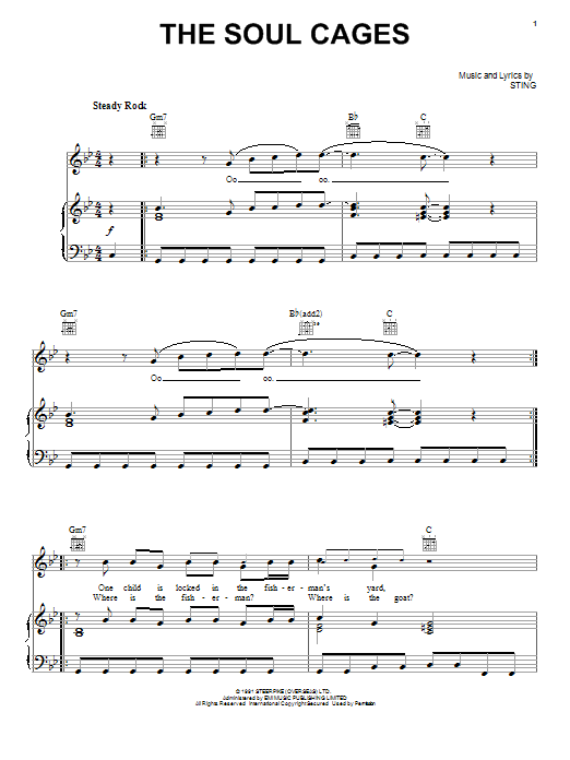 Learn to play Sting The Soul Cages sheet music for Piano, Vocal & Guitar Chords in minutes. Price: 7.8900$ Sting The Soul Cages sheet music notes and chords arranged for Piano, Vocal & Guitar Chords