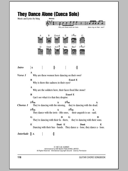 Learn to play Sting They Dance Alone (Cueca Solo) sheet music for Piano, Vocal & Guitar Chords (Right-Hand Melody) in minutes. Price: 7.8900$ Sting They Dance Alone (Cueca Solo) sheet music notes and chords arranged for Piano, Vocal & Guitar Chords (Right-Hand Melody)