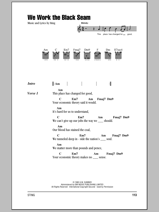 Sting We Work The Black Seam sheet music notes and chords arranged for Piano, Vocal & Guitar Chords