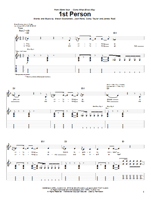 Learn to play Stone Sour 1st Person sheet music for Guitar Tab in minutes. Price: 7.8900$ Stone Sour 1st Person sheet music notes and chords arranged for Guitar Tab