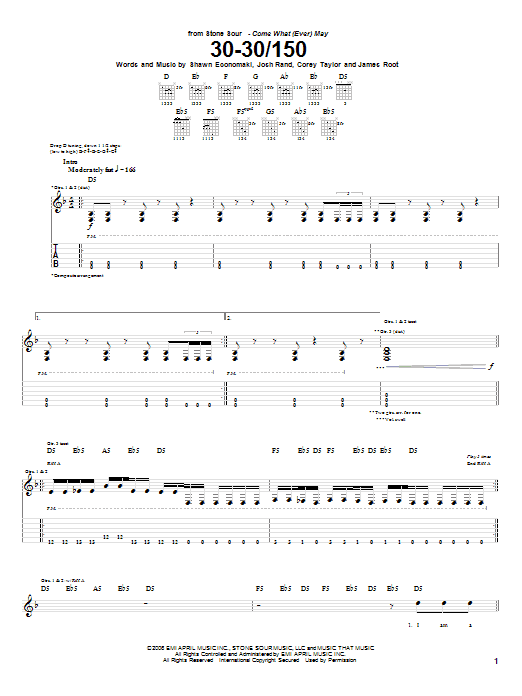 Learn to play Stone Sour 30-30/150 sheet music for Guitar Tab in minutes. Price: 7.8900$ Stone Sour 30-30/150 sheet music notes and chords arranged for Guitar Tab