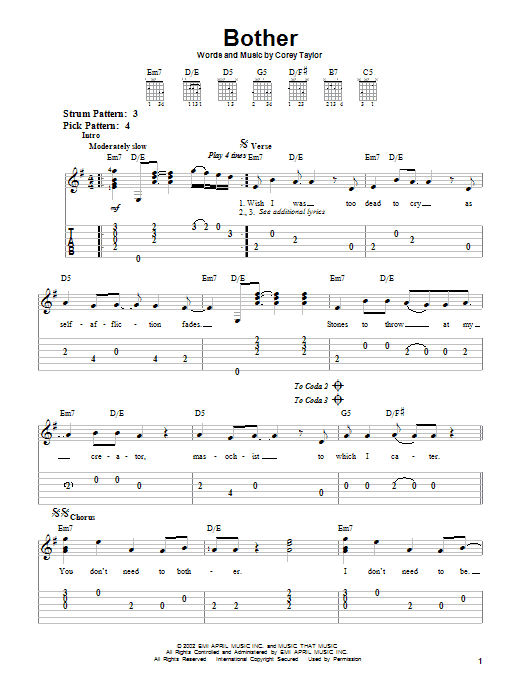 Stone Sour Bother sheet music notes and chords. Download Printable PDF.