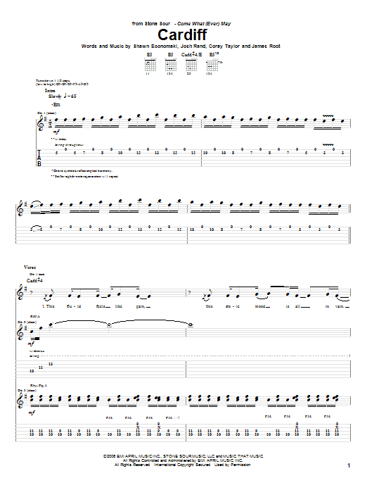 Learn to play Stone Sour Cardiff sheet music for Guitar Tab in minutes. Price: 7.8900$ Stone Sour Cardiff sheet music notes and chords arranged for Guitar Tab