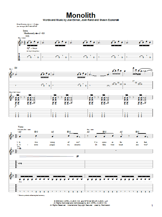 Learn to play Stone Sour Monolith sheet music for Guitar Tab in minutes. Price: 7.8900$ Stone Sour Monolith sheet music notes and chords arranged for Guitar Tab