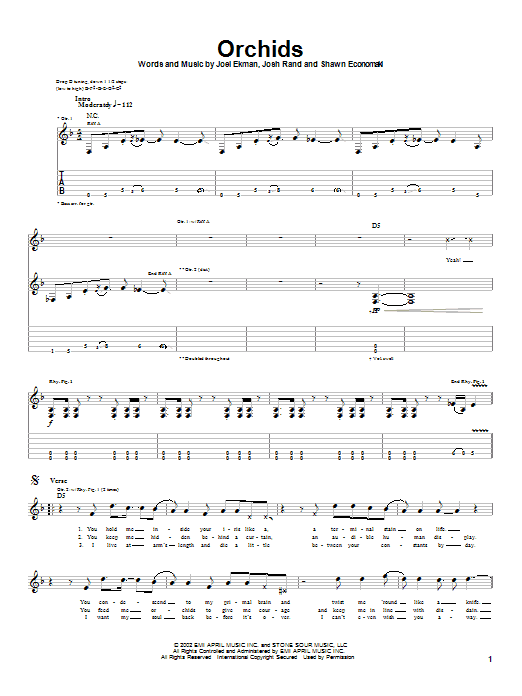 Learn to play Stone Sour Orchids sheet music for Guitar Tab in minutes. Price: 7.8900$ Stone Sour Orchids sheet music notes and chords arranged for Guitar Tab