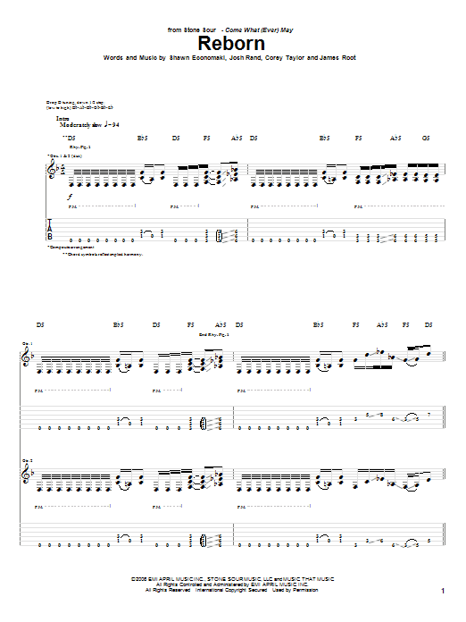 Learn to play Stone Sour Reborn sheet music for Guitar Tab in minutes. Price: 7.8900$ Stone Sour Reborn sheet music notes and chords arranged for Guitar Tab