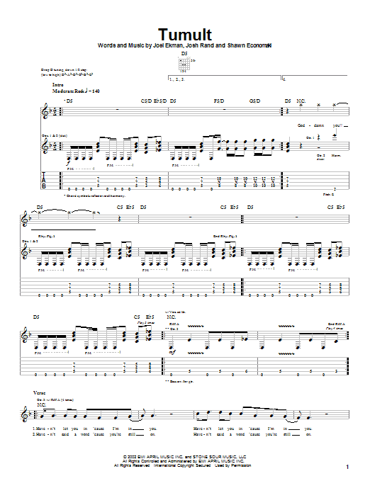 Learn to play Stone Sour Tumult sheet music for Guitar Tab in minutes. Price: 7.8900$ Stone Sour Tumult sheet music notes and chords arranged for Guitar Tab