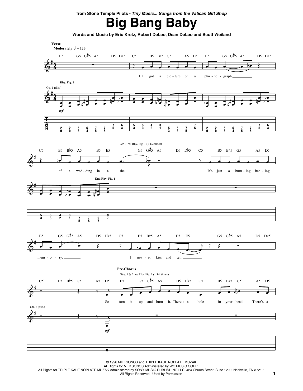 Learn to play Stone Temple Pilots Big Bang Baby sheet music for Guitar Tab in minutes. Price: 7.8900$ Stone Temple Pilots Big Bang Baby sheet music notes and chords arranged for Guitar Tab