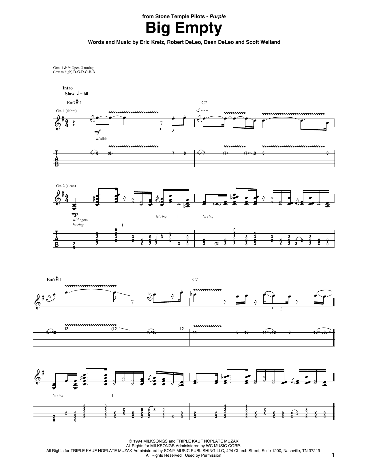 Stone Temple Pilots Big Empty sheet music notes and chords. Download Printable PDF.