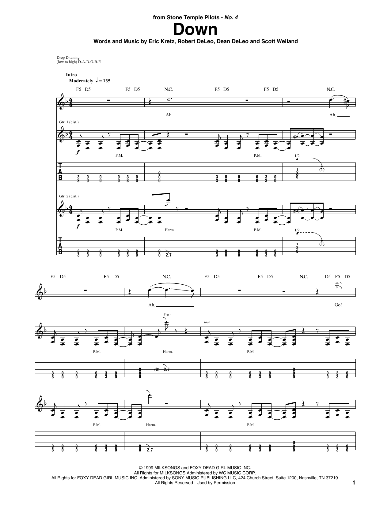 Stone Temple Pilots Down sheet music notes and chords. Download Printable PDF.