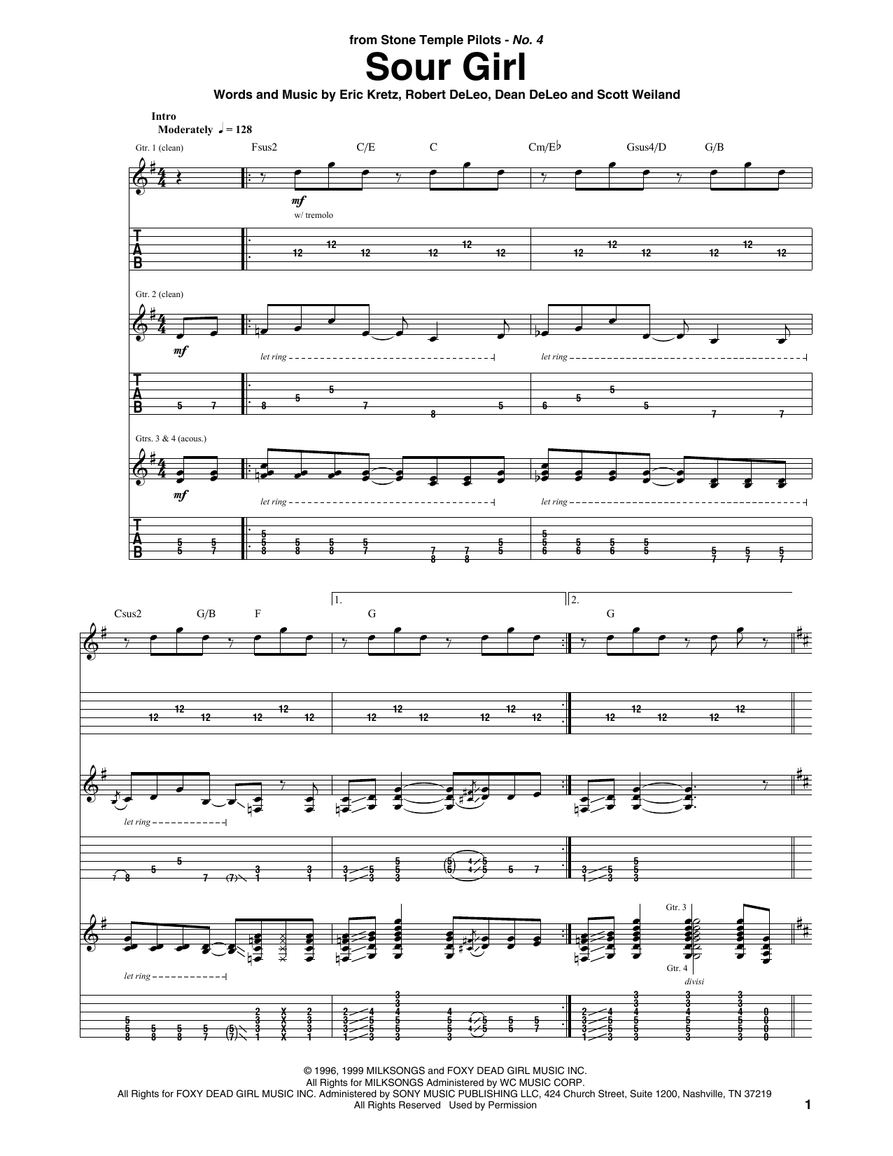 Stone Temple Pilots Sour Girl sheet music notes and chords. Download Printable PDF.