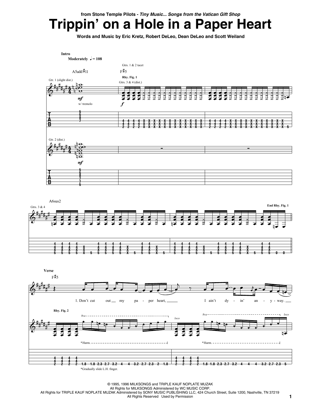 Stone Temple Pilots Trippin' On A Hole In A Paper Heart sheet music notes and chords. Download Printable PDF.