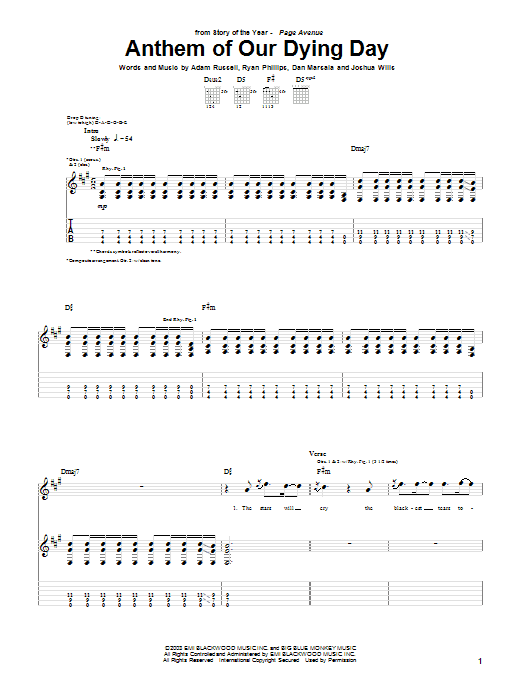 Learn to play Story Of The Year Anthem Of Our Dying Day sheet music for Guitar Tab in minutes. Price: 7.8900$ Story Of The Year Anthem Of Our Dying Day sheet music notes and chords arranged for Guitar Tab